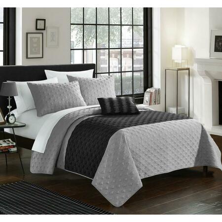 CHIC HOME 4 Piece Ellias Contemporary Two Tone Geometric Embroidered Quilted Bed Cover Set, Grey, 4PK QS1976-US